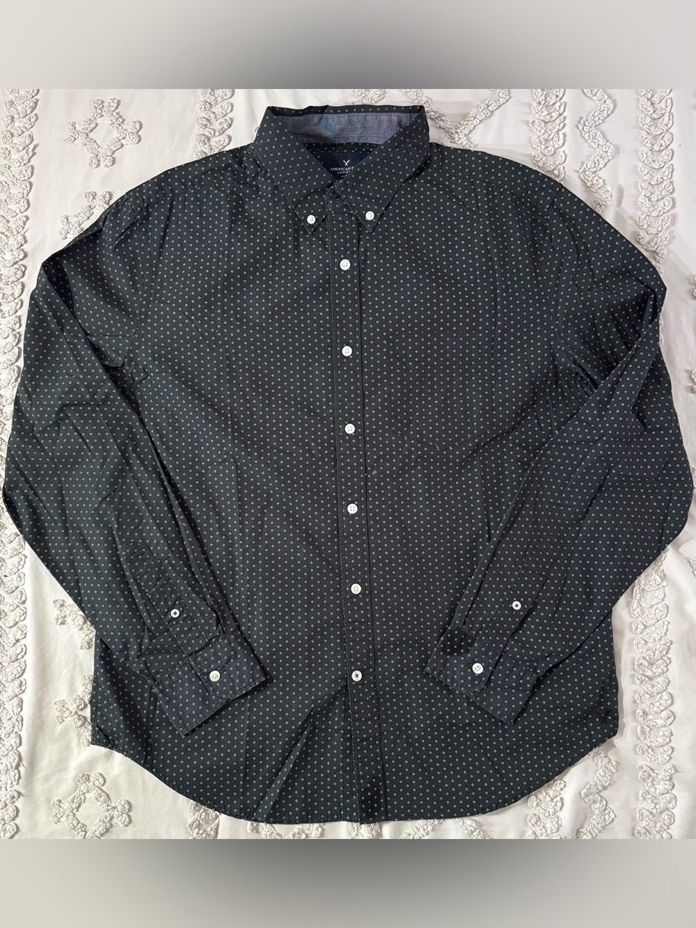 American Eagle Outfitters Dark Green Button-Down Shirt with White Micro Dots